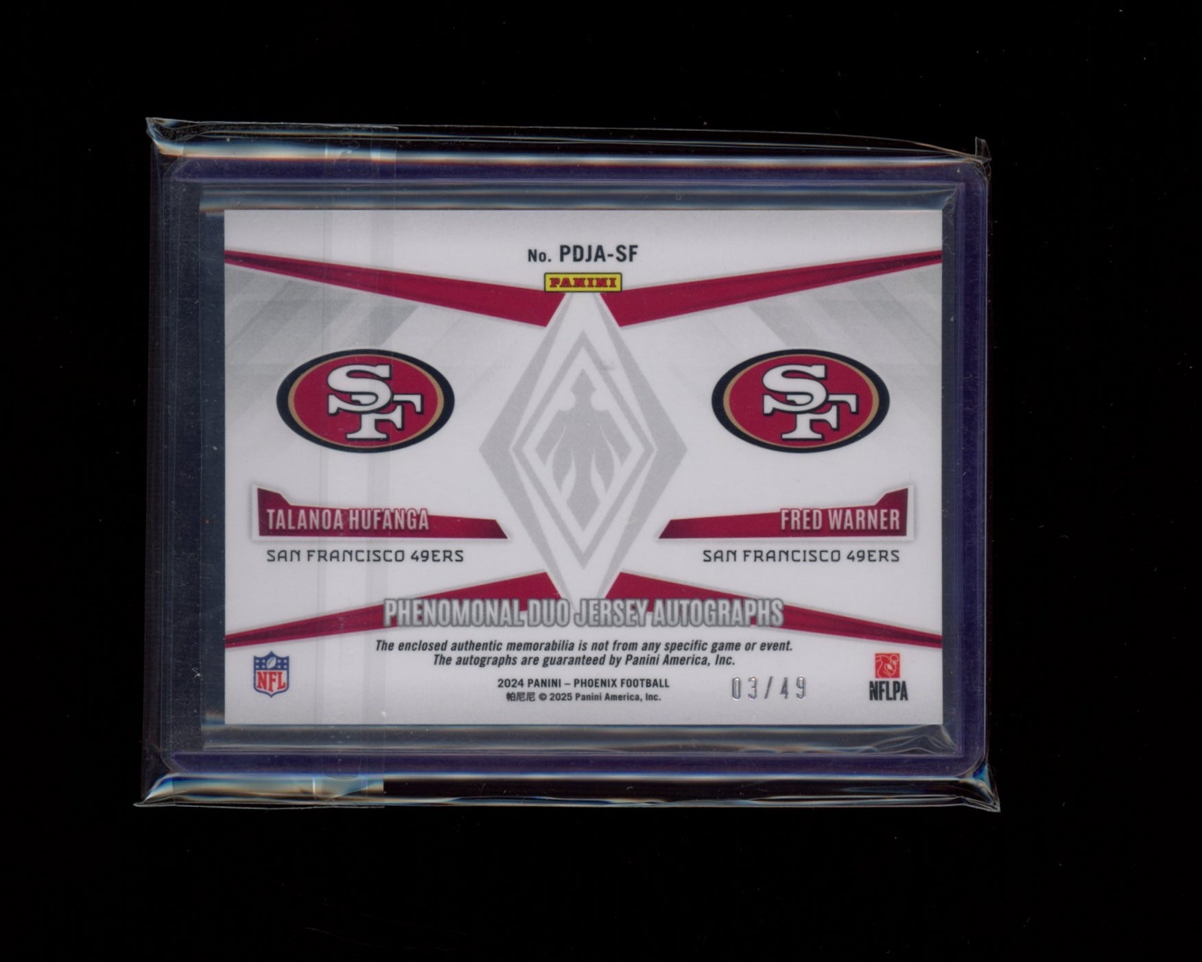 2024 Panini Phoenix #PDJA-SF Hufanga / Fred Warner Duo Jersey Auto #/49