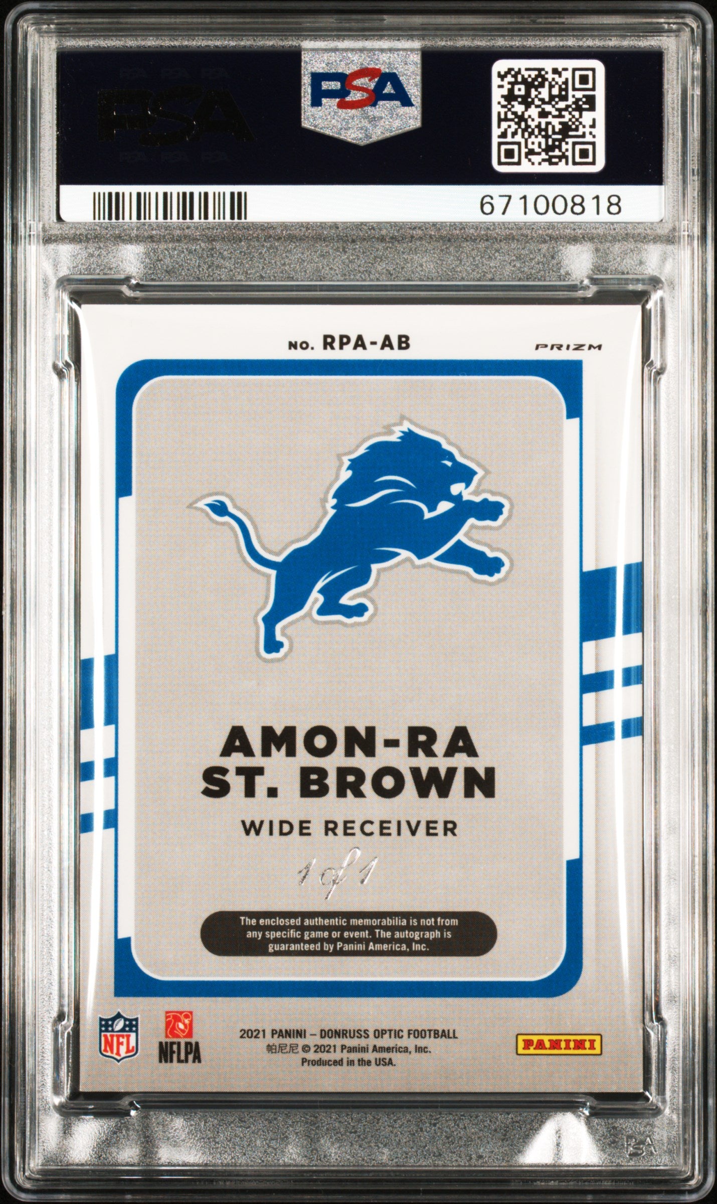 2021 Panini Donruss Optic RPA #RPAAB Amon-Ra St. Brown RPA Shield Tag 1/1 PSA 8