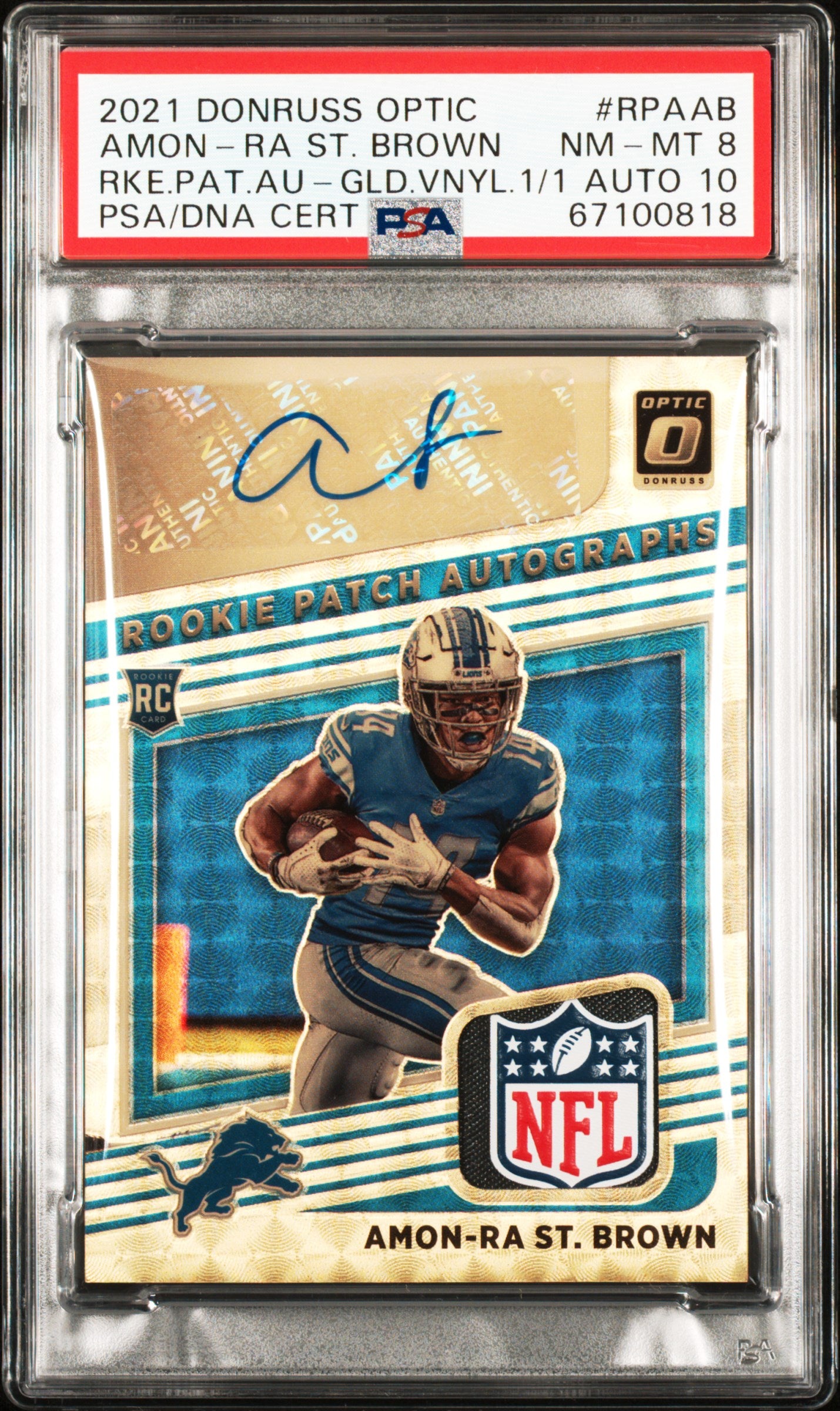 2021 Panini Donruss Optic RPA #RPAAB Amon-Ra St. Brown RPA Shield Tag 1/1 PSA 8