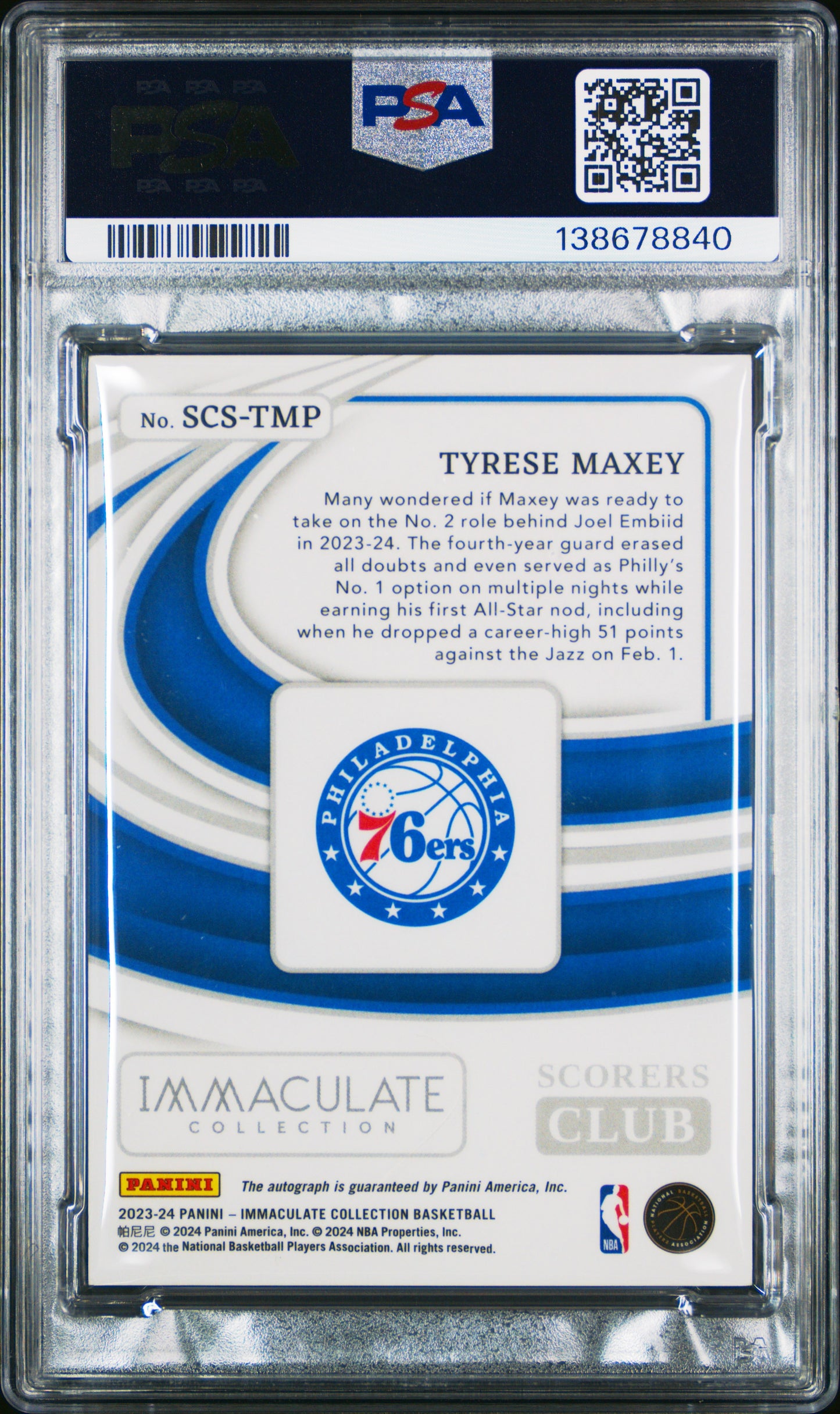 2023 Panini Immaculate Scorers Club Auto #SCSTMP Tyrese Maxey PSA 8