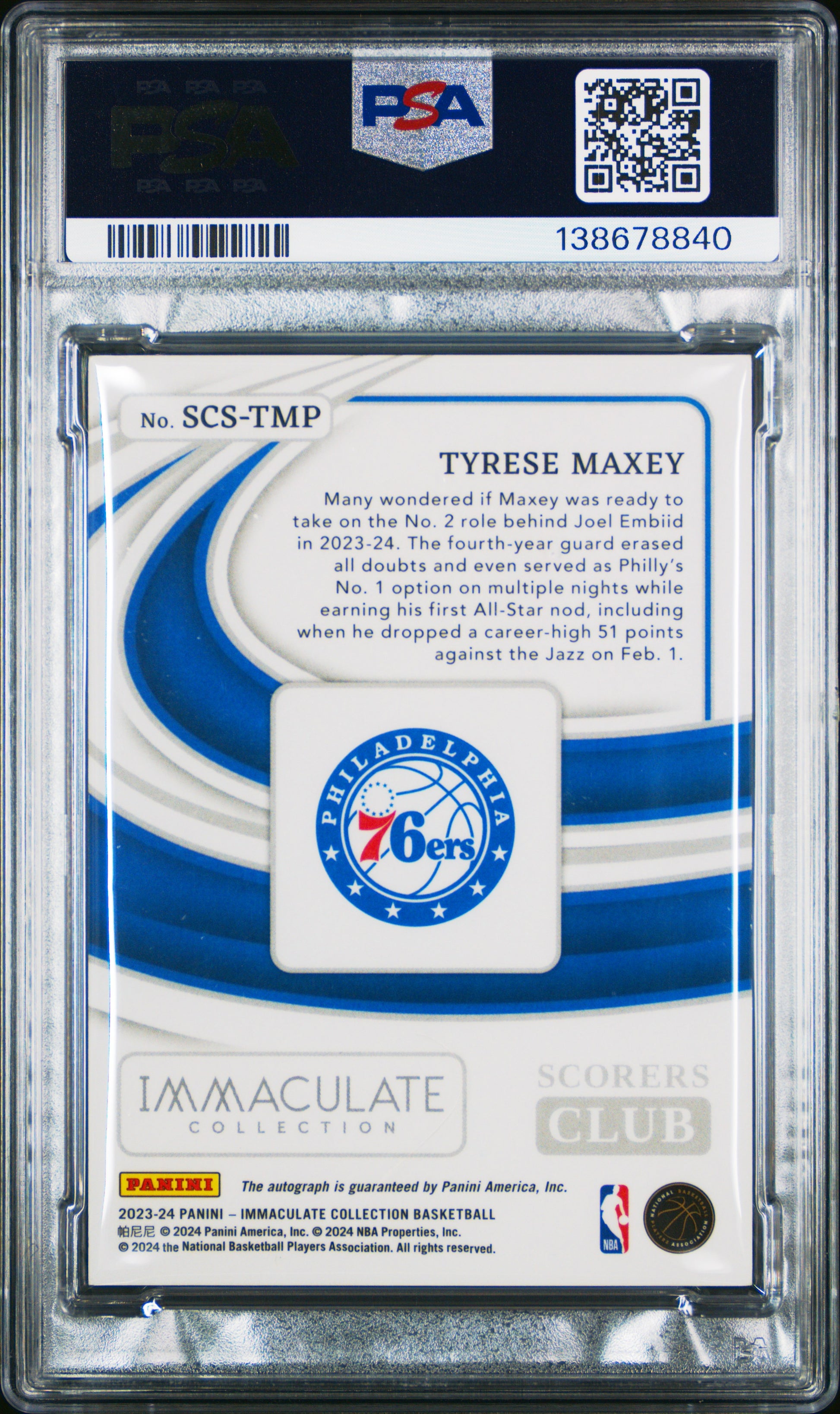 2023 Panini Immaculate Scorers Club Auto #SCSTMP Tyrese Maxey PSA 8