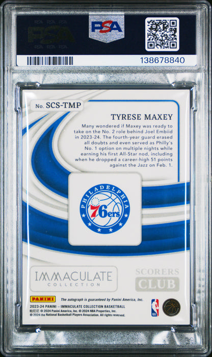 2023 Panini Immaculate Scorers Club Auto #SCSTMP Tyrese Maxey PSA 8