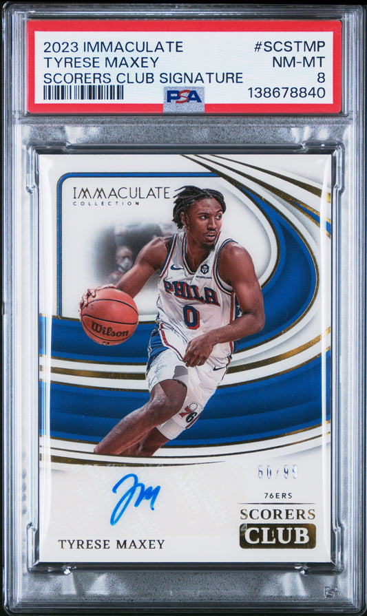 2023 Panini Immaculate Scorers Club Auto #SCSTMP Tyrese Maxey PSA 8