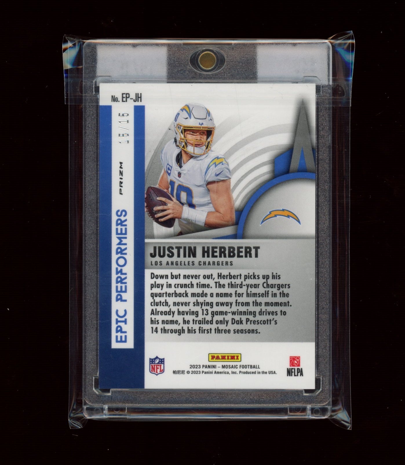 2023 Panini Mosaic #EP-JH Justin Herbert Epic Performers Blue Fluorescent #/15