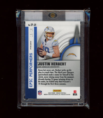 2023 Panini Mosaic #EP-JH Justin Herbert Epic Performers Blue Fluorescent #/15