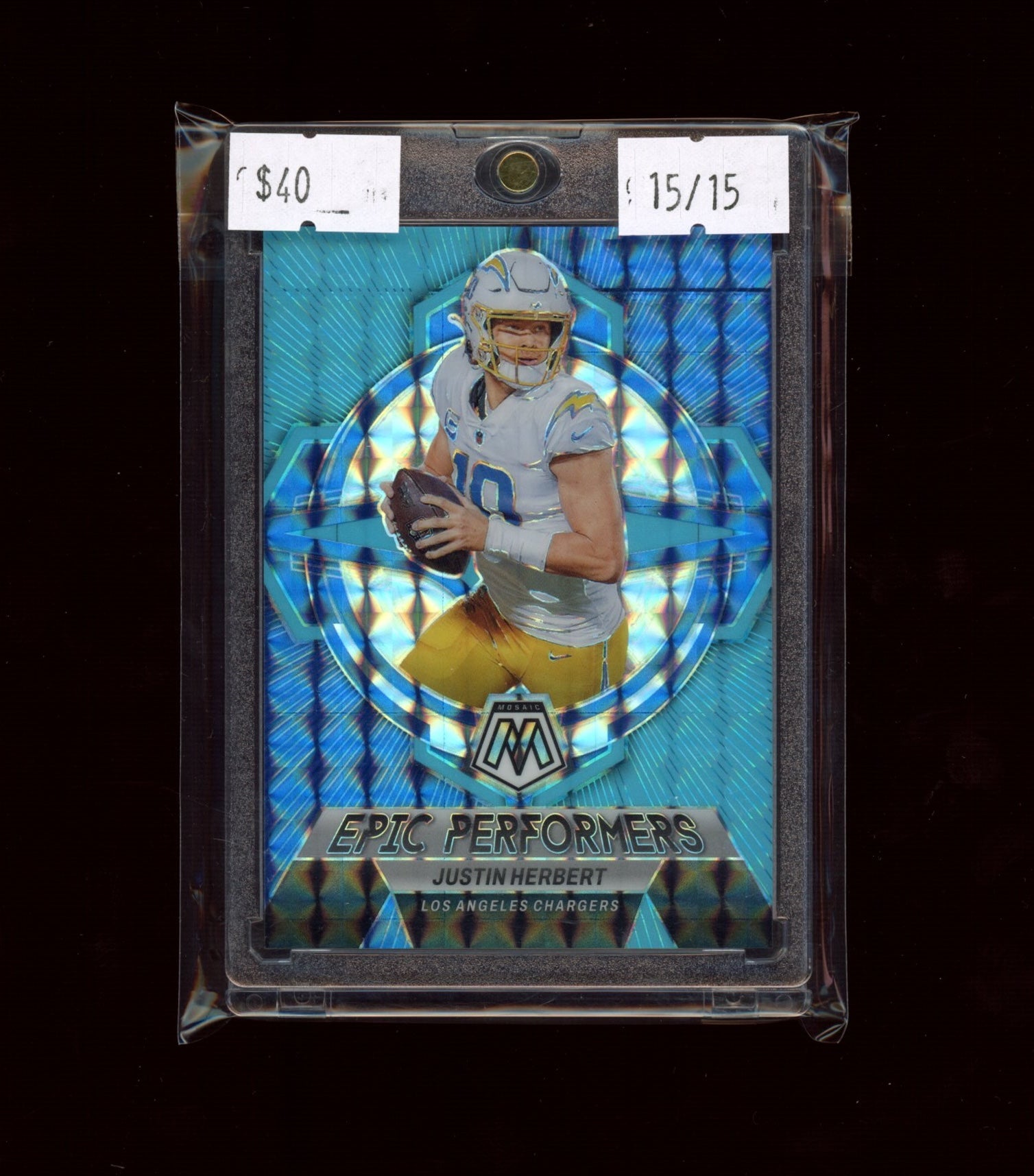 2023 Panini Mosaic #EP-JH Justin Herbert Epic Performers Blue Fluorescent #/15