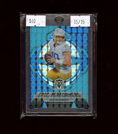2023 Panini Mosaic #EP-JH Justin Herbert Epic Performers Blue Fluorescent #/15
