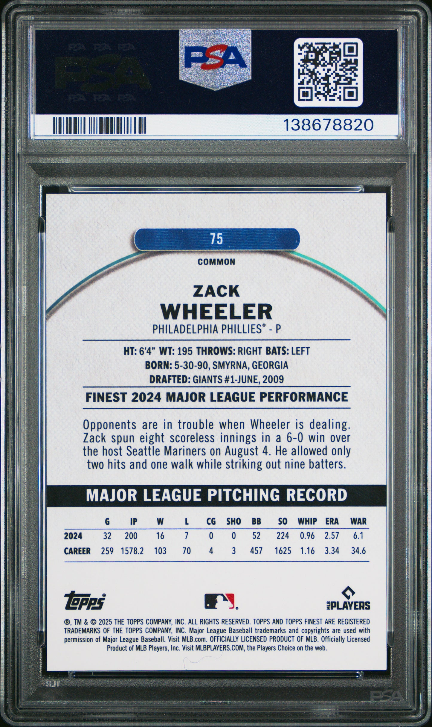 2025 Topps Finest #75 Zack Wheeler Gold Refractor PSA 10 pop 1