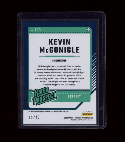 2024 Donruss #198 Kevin McGonigle Rated Optic Auto Purple #/49