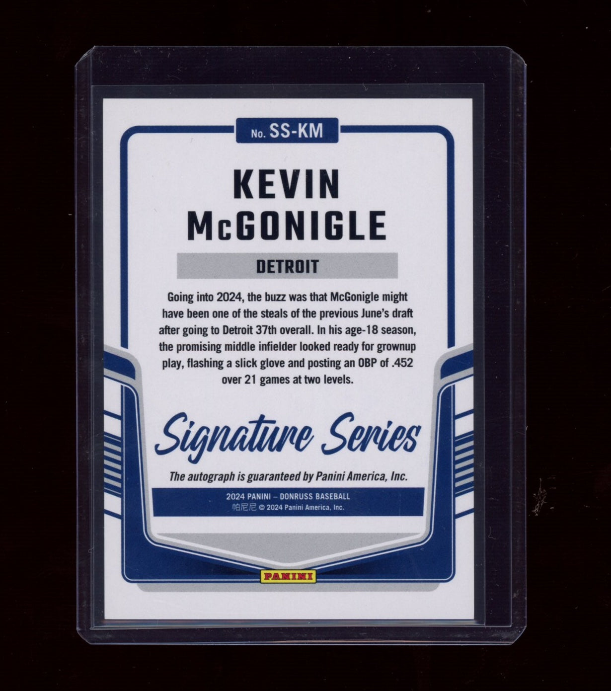 2024 Donruss #SS-KM Kevin McGonigle Signature Series Orange Laser #/25