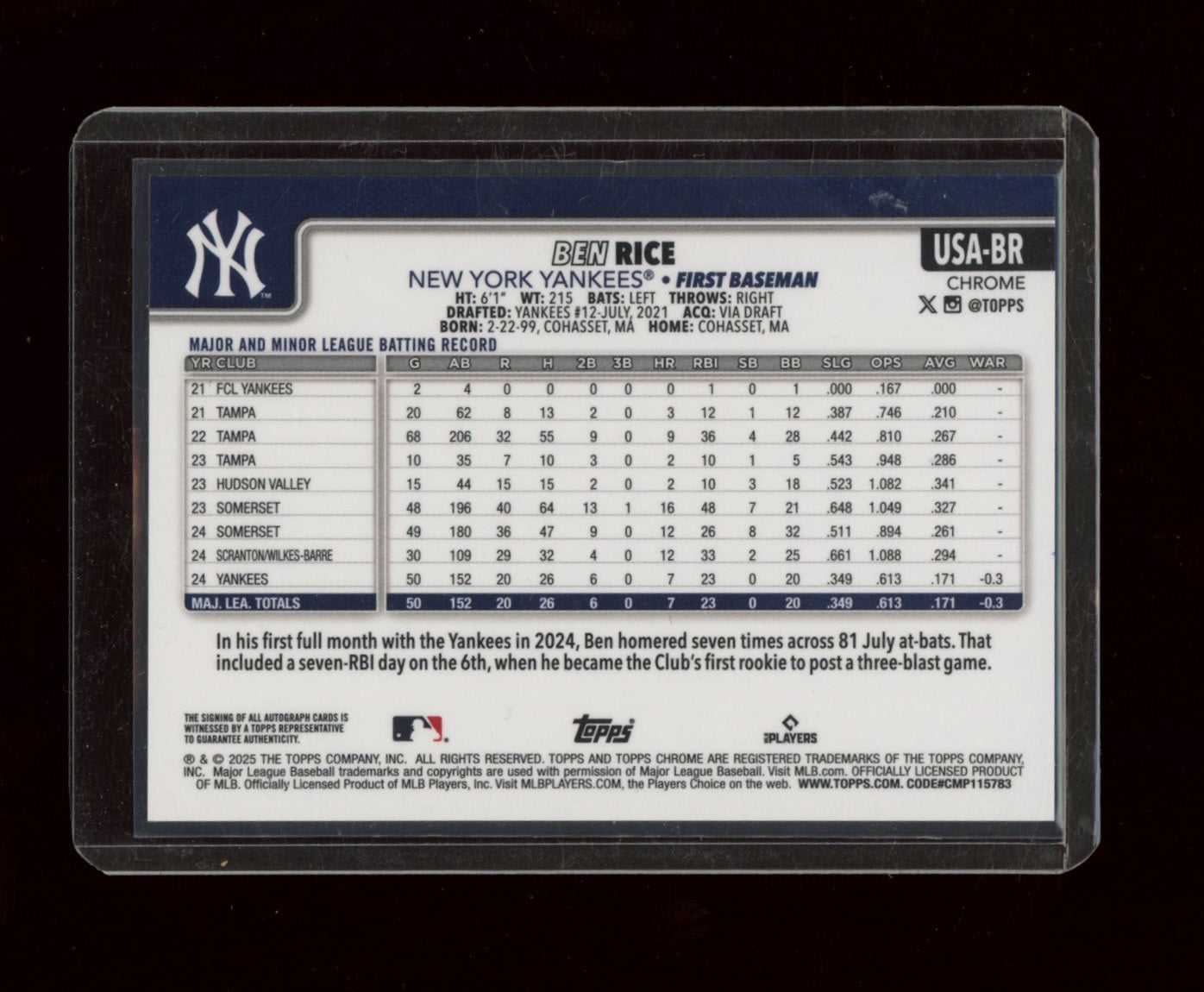 2025 Topps Chrome Update Sapphire Edition #USA-BR Ben Rice  Green Sapphire #/99