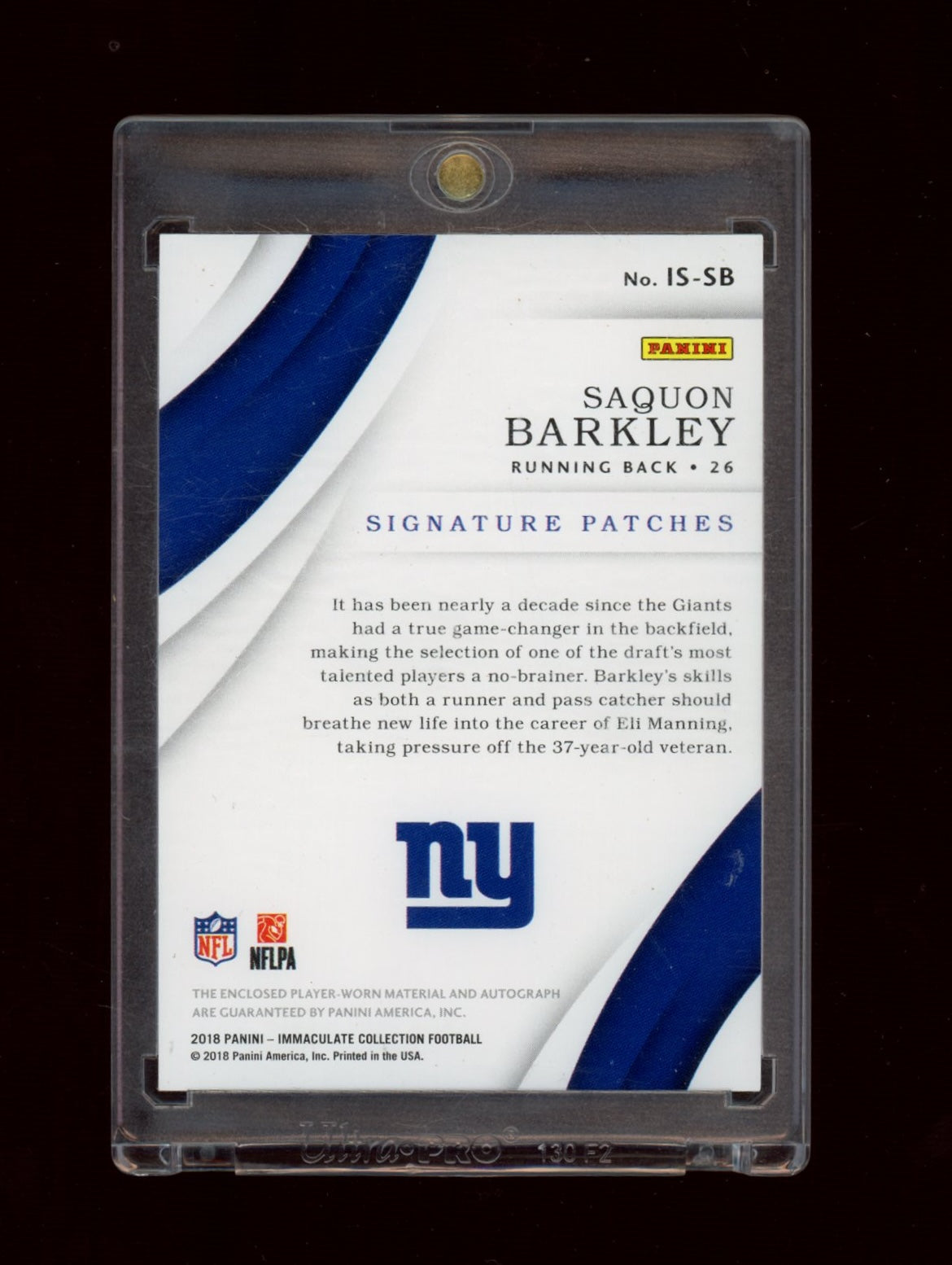 2018 Panini Immaculate Collection #IS-SB Saquon Barkley Sig Patches RC #/99