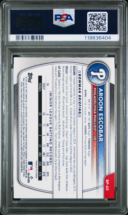 2025 Bowman Paper Prospects #BP65 Aroon Escobar Paper Prospects-Gold PSA 9