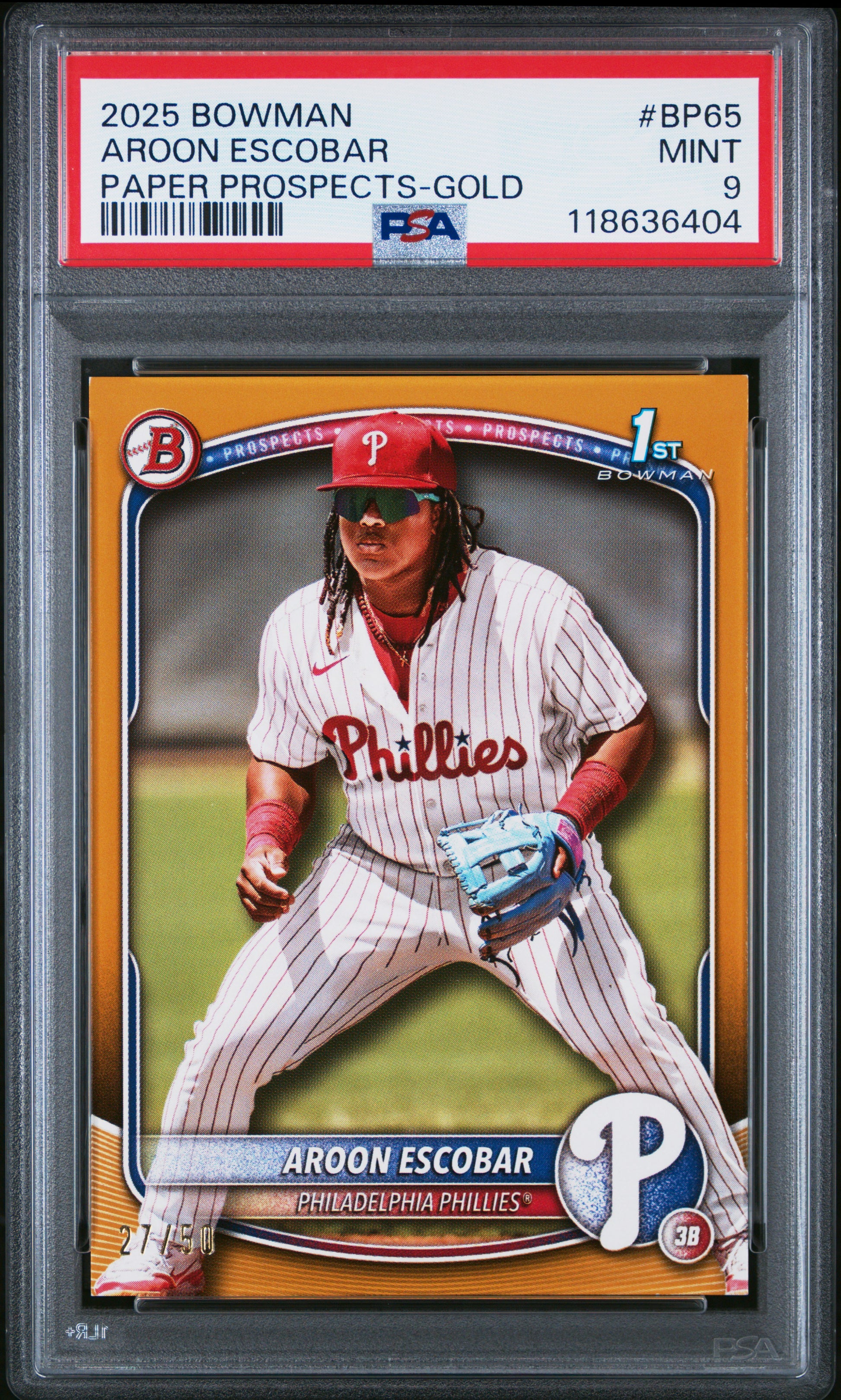 2025 Bowman Paper Prospects #BP65 Aroon Escobar Paper Prospects-Gold PSA 9