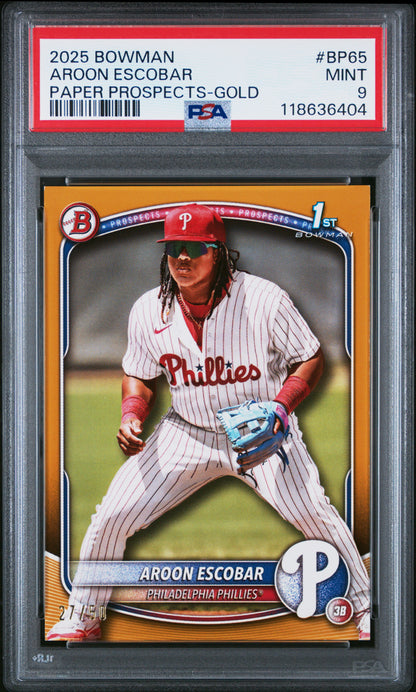 2025 Bowman Paper Prospects #BP65 Aroon Escobar Paper Prospects-Gold PSA 9