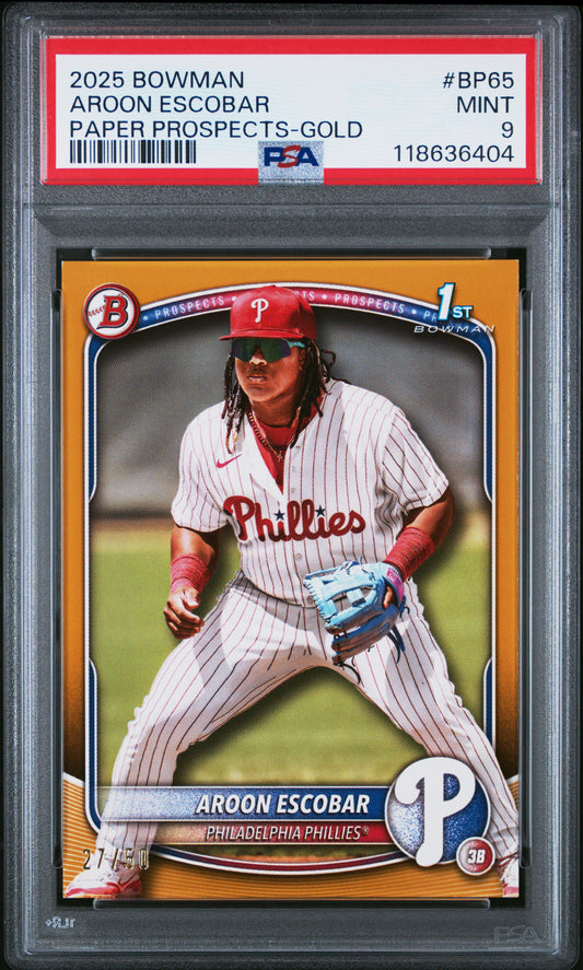 2025 Bowman Paper Prospects #BP65 Aroon Escobar Paper Prospects-Gold PSA 9