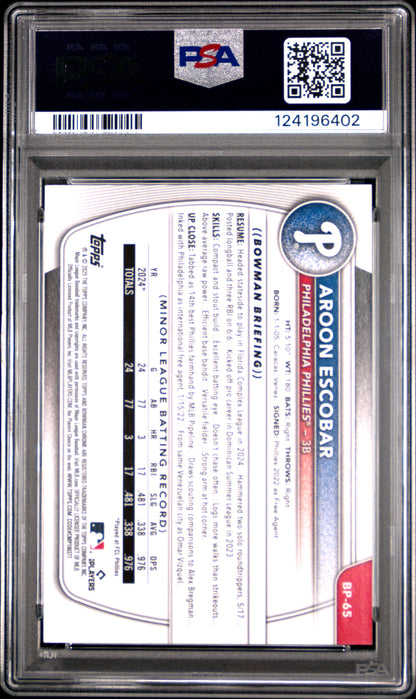 2025 Bowman Paper Prospects #BP65 Aroon Escobar Paper Prospects-Red PSA 9