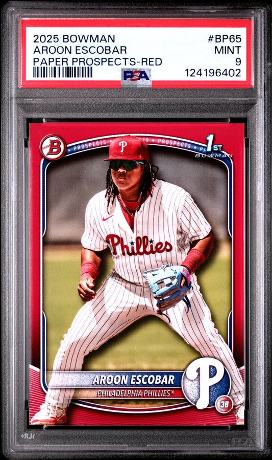 2025 Bowman Paper Prospects #BP65 Aroon Escobar Paper Prospects-Red PSA 9