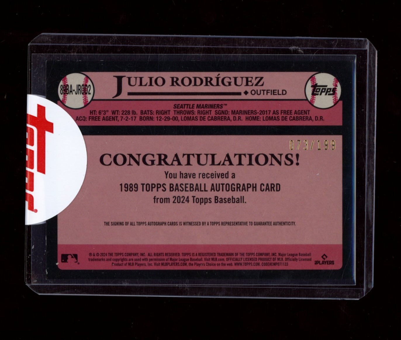 2024 Topps Julio Rodríguez 1989 Topps Baseball 35th Auto Black #/199