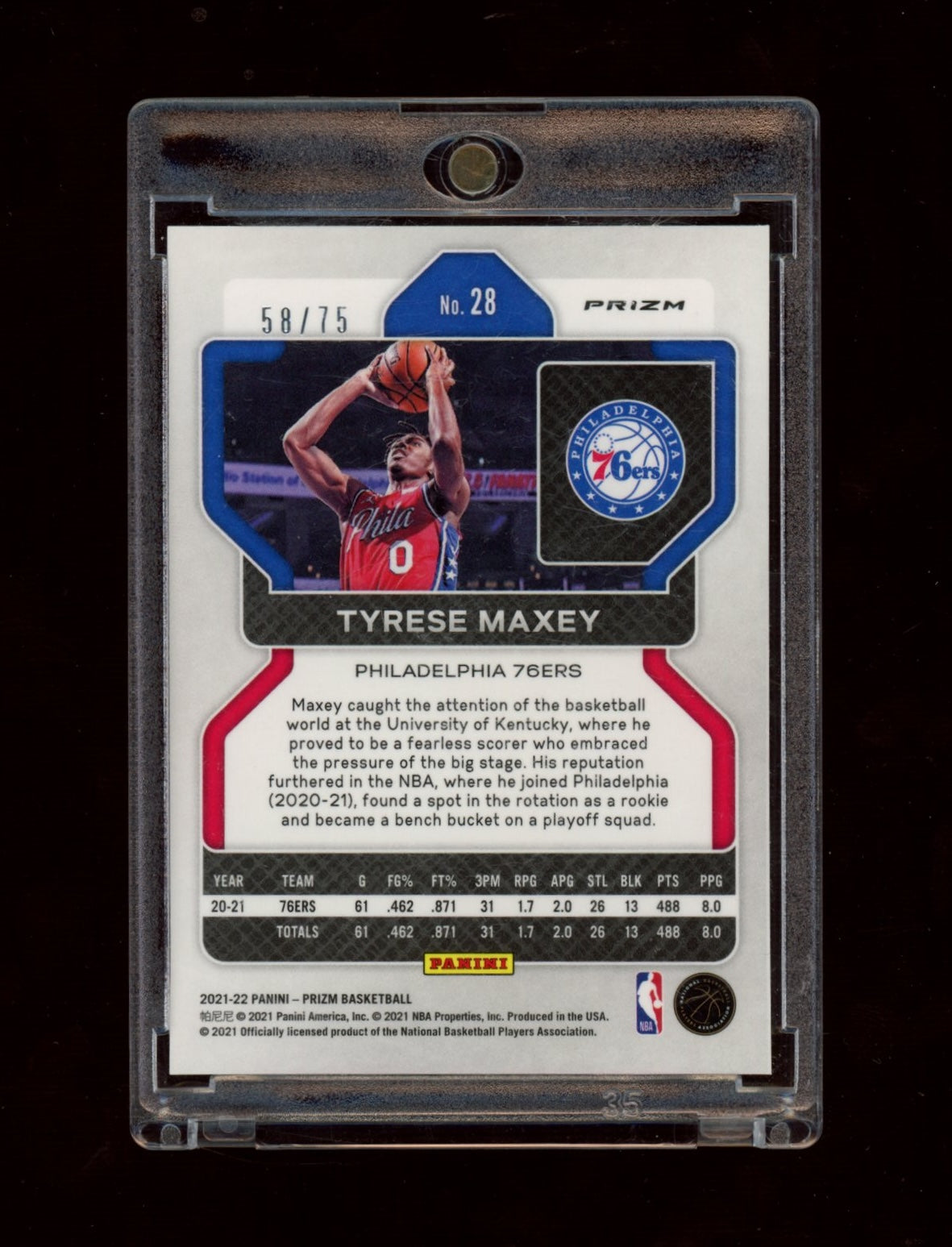 2021-22 Panini Prizm #28 Tyrese Maxey NBA 75th Anniversary Diamond #/75