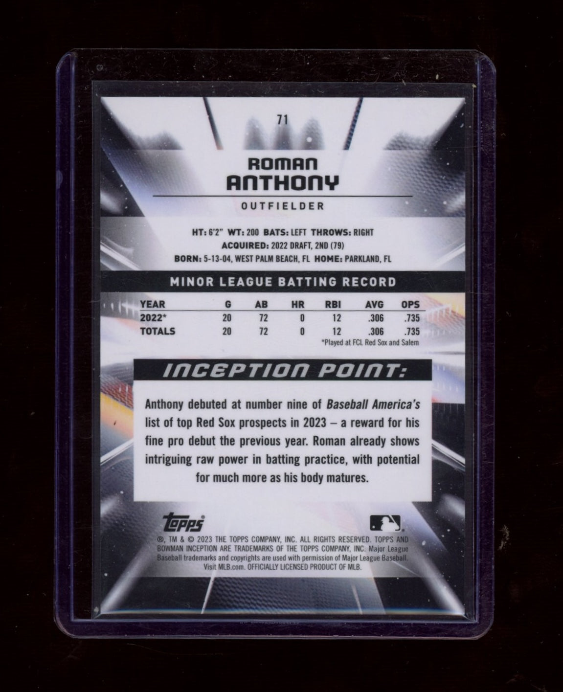 2023 Bowman Inception #71 Roman Anthony Blue Foil Pattern II #/99