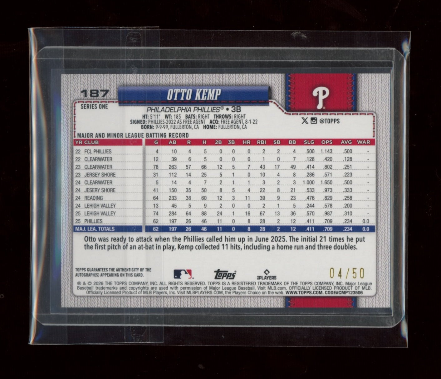 2026 Topps #187 Otto Kemp Flagship Real One Autographs Gold Foil #/50