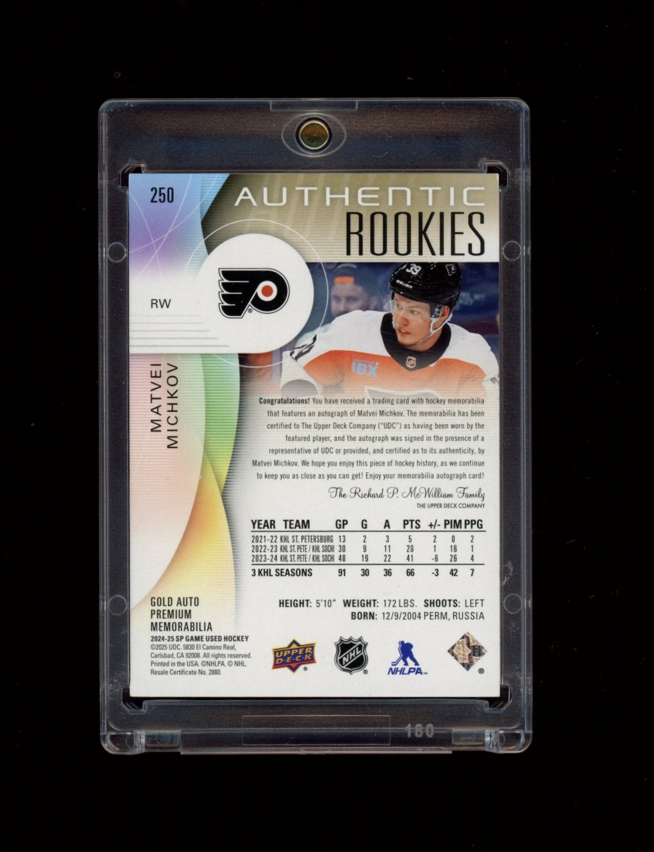 2024-25 SP Game Used #250 Matvei Michkov Gold Auto Premium Memorabilia #/35