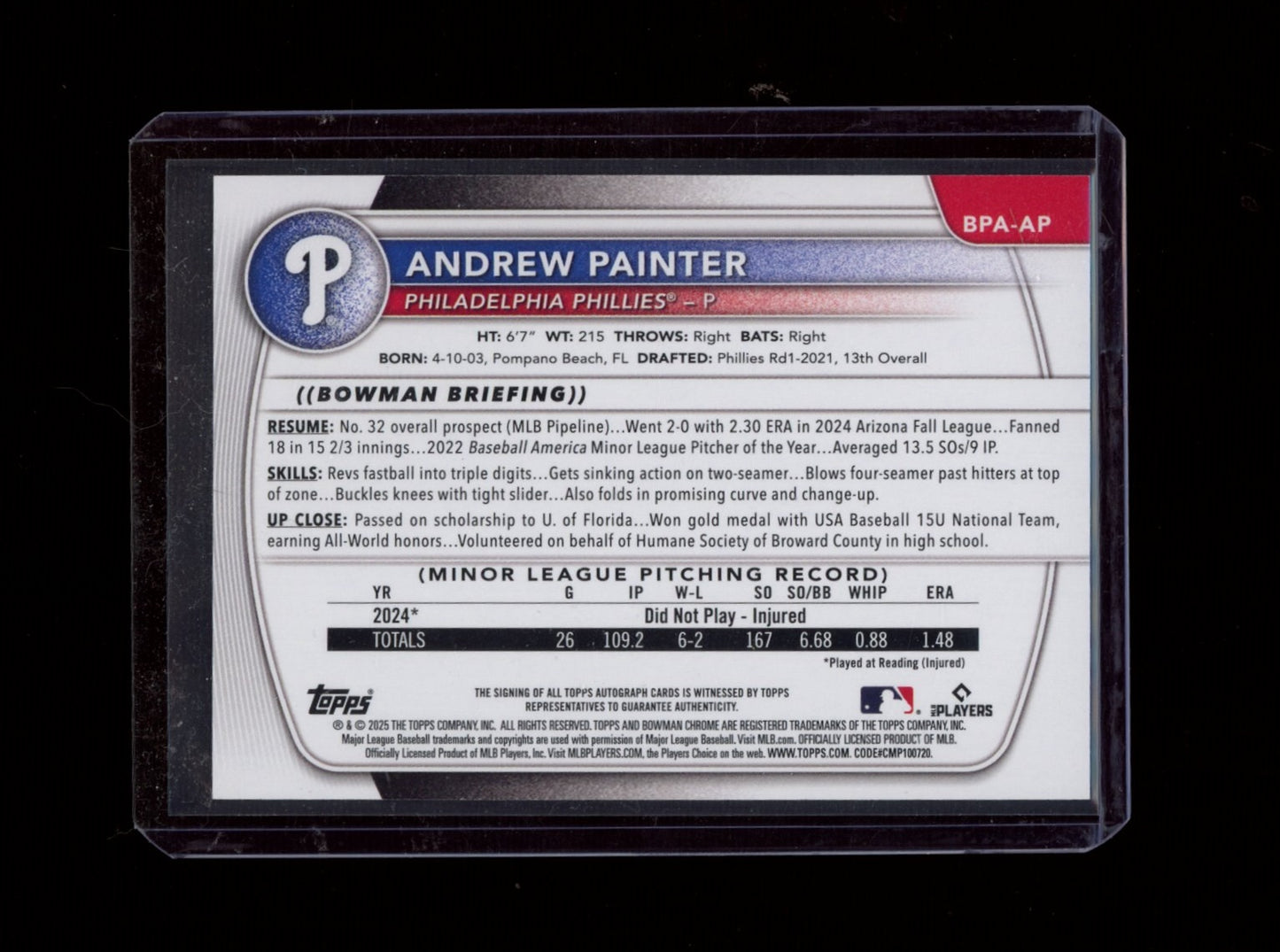 2025 Bowman #BPA-AP Andrew Painter Prospect Autographs Blue #/150
