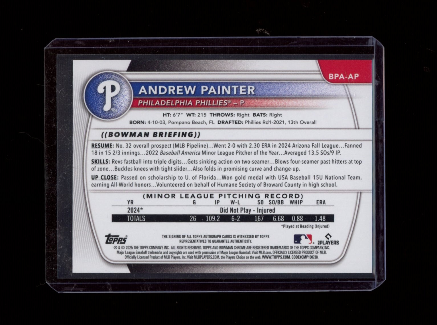 2025 Bowman #BPA-AP Andrew Painter Prospect Autographs Blue #/150