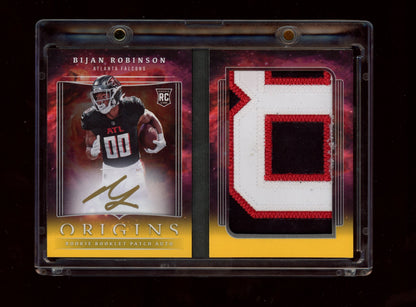 2023 Panini Origins #BPBRO Bijan Robinson Rookie Booklet Patch Auto Gold #/25