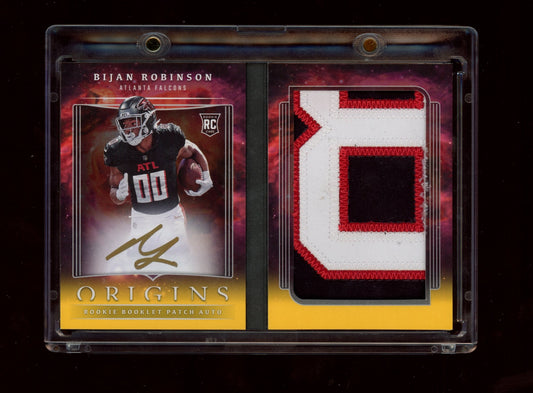 2023 Panini Origins #BPBRO Bijan Robinson Rookie Booklet Patch Auto Gold #/25