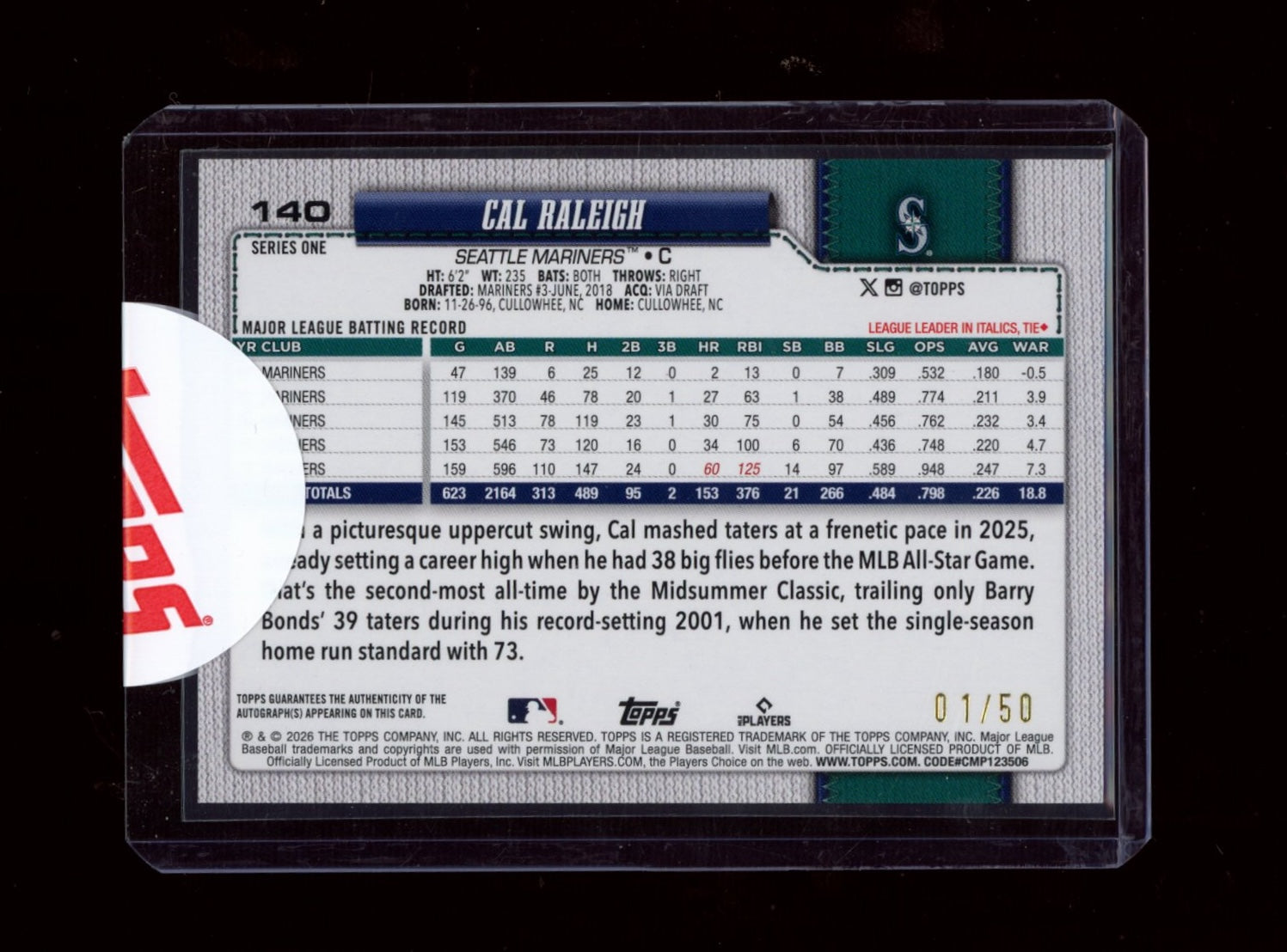 2026 Topps #140 Cal Raleigh Flagship Real One Autographs Gold Foil #/50