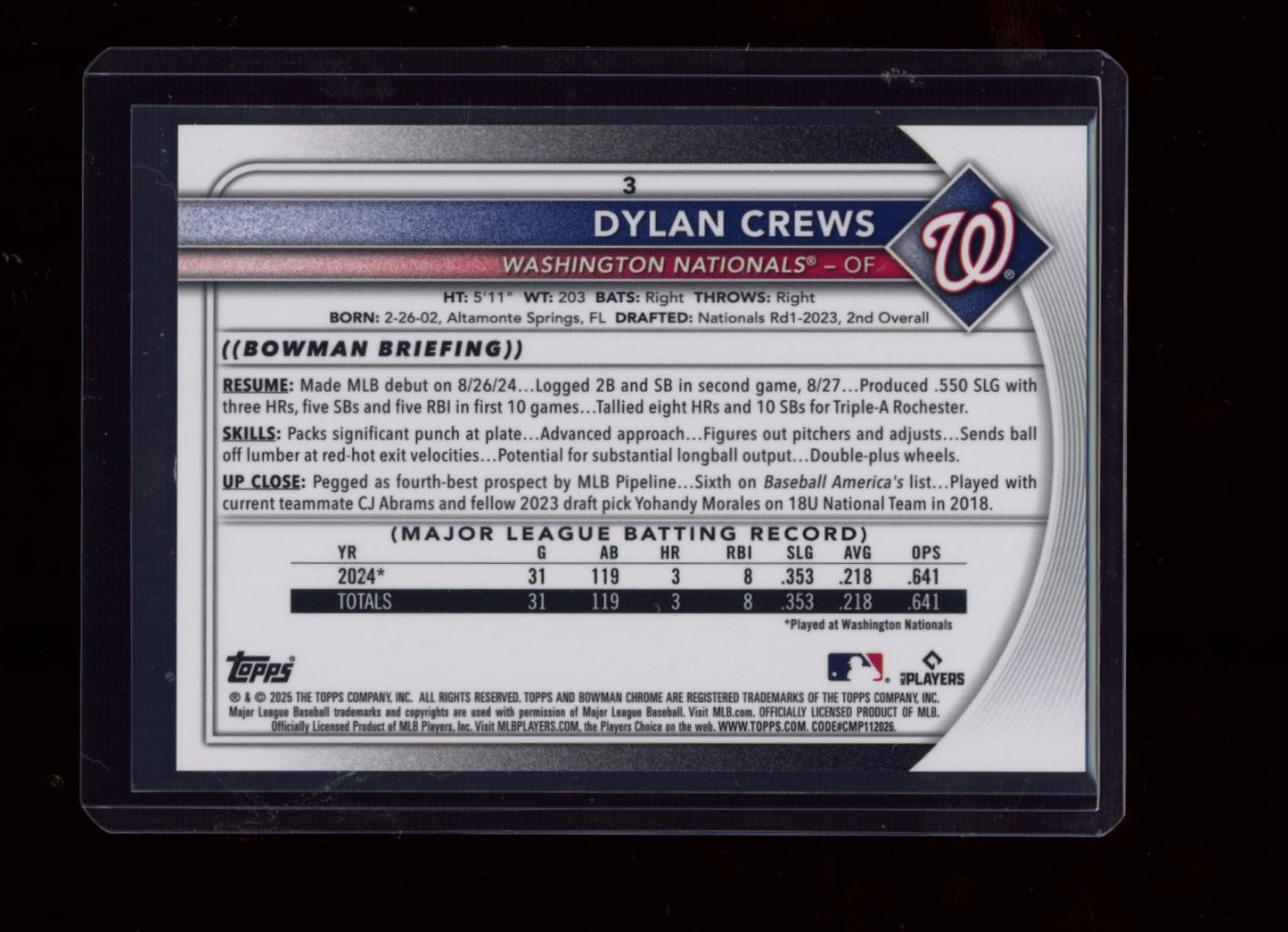 2025 Bowman Chrome Sapphire Edition #3 Dylan Crews Black Sapphire #/10