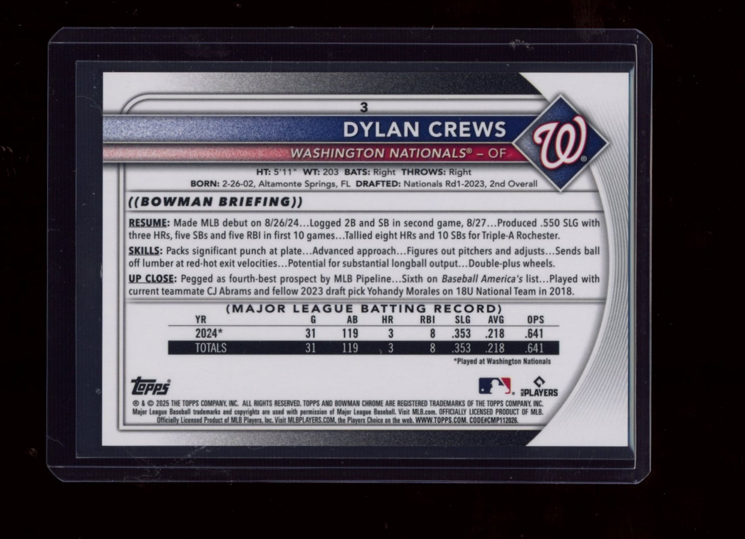 2025 Bowman Chrome Sapphire Edition #3 Dylan Crews Black Sapphire #/10