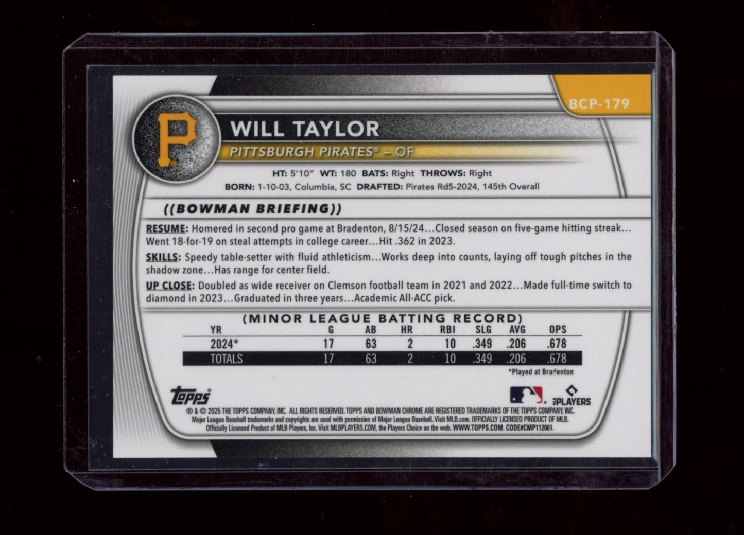 2025 Bowman Chrome Sapphire Edition #BCP-179 Will Taylor Red Sapphire #/5
