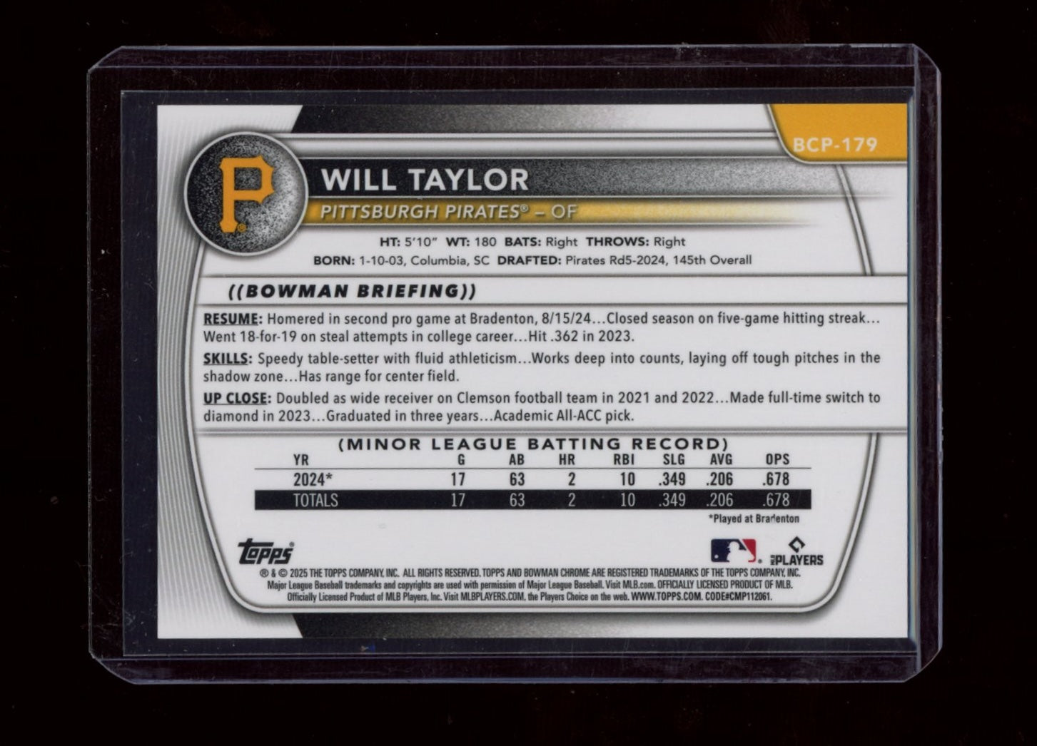 2025 Bowman Chrome Sapphire Edition #BCP-179 Will Taylor Red Sapphire #/5