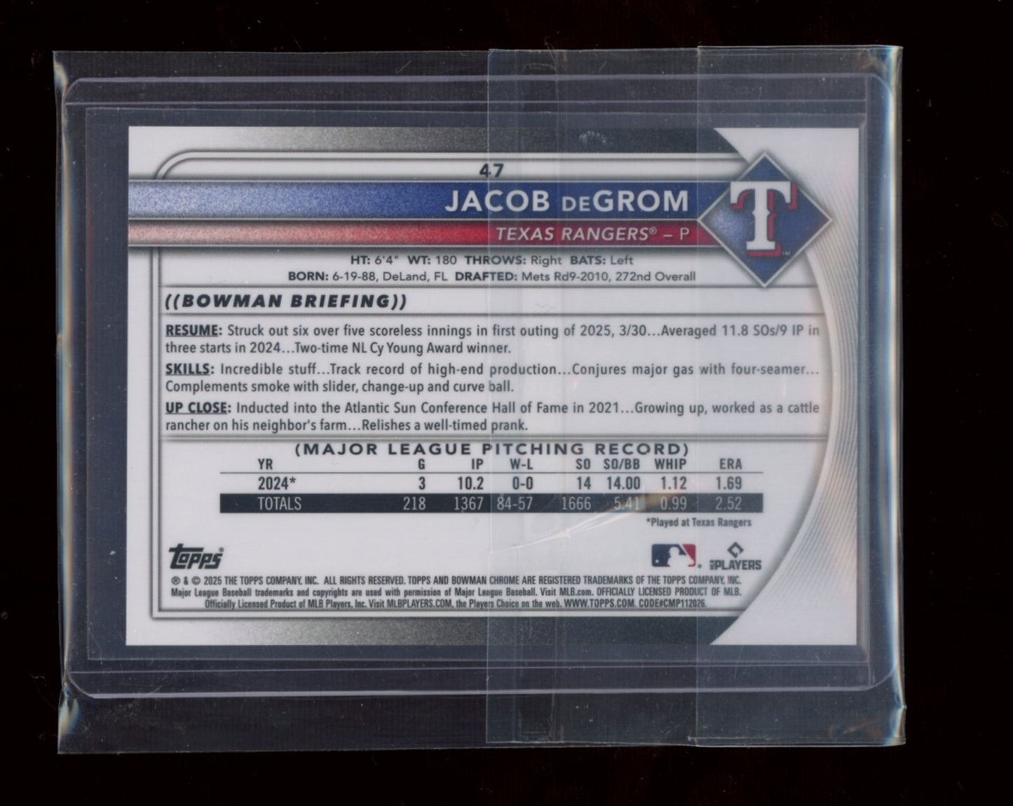 2025 Bowman Chrome Sapphire Edition #47 Jacob deGrom Black Sapphire #/10
