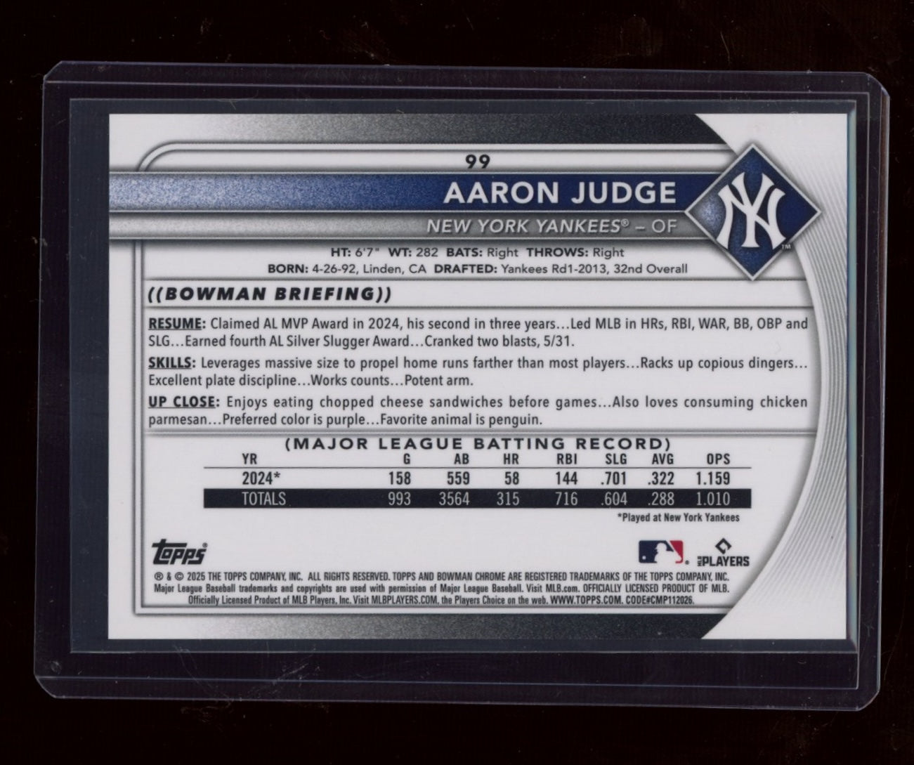 2025 Bowman Chrome Sapphire Edition #99 Aaron Judge Gold Sapphire #/50