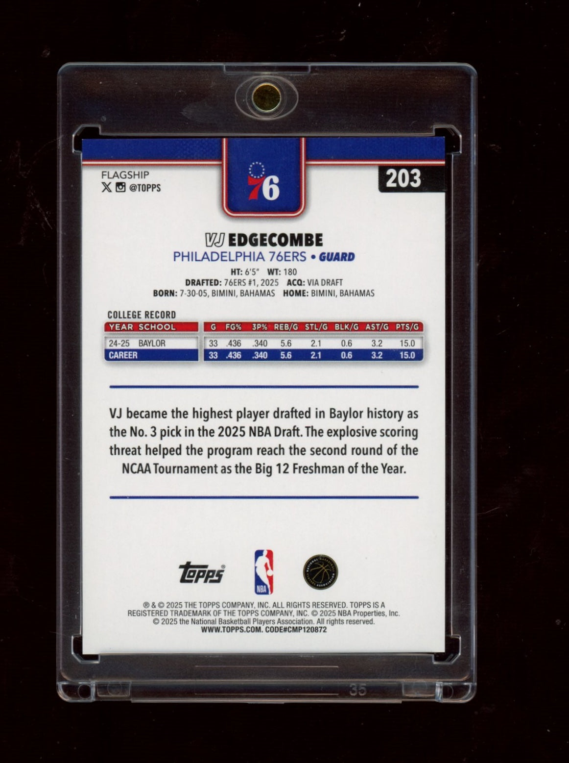 2025-26 Topps #203 VJ Edgecombe Diamante Gold #/50