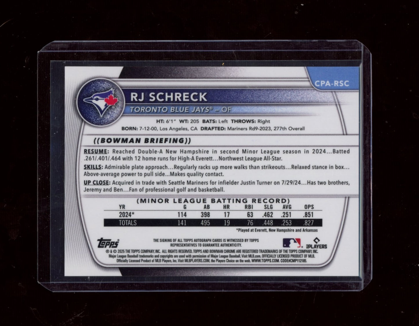 2025 Bowman Chrome #CPA-RSC RJ Schreck Prospect Autographs Gold Shimmer #/50