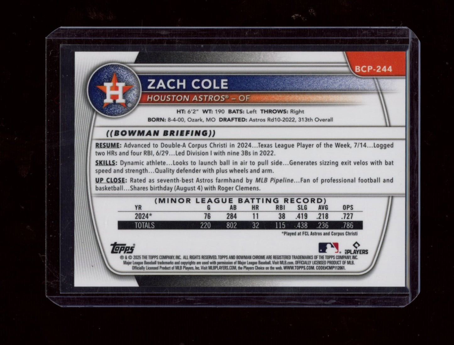 2025 Bowman Chrome Sapphire #BCP-244 Zach Cole Orange Sapphire #/25
