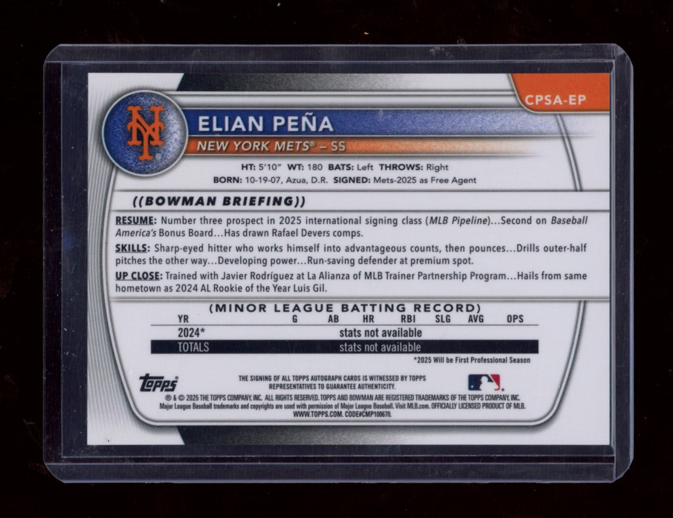 2025 Bowman Chrome Sapphire Edition #CPSA-EP Elian Peña Prospect Autographs