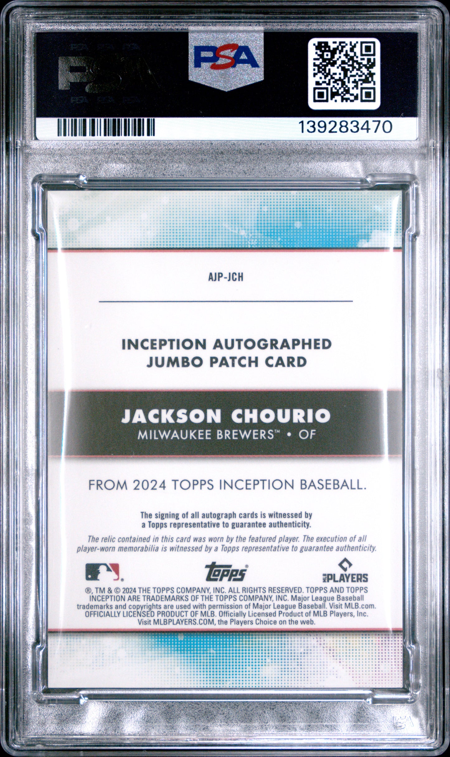 2024 Topps Inception Autographed Jumbo Patch #AJPJCH Jackson Chourio PSA 10