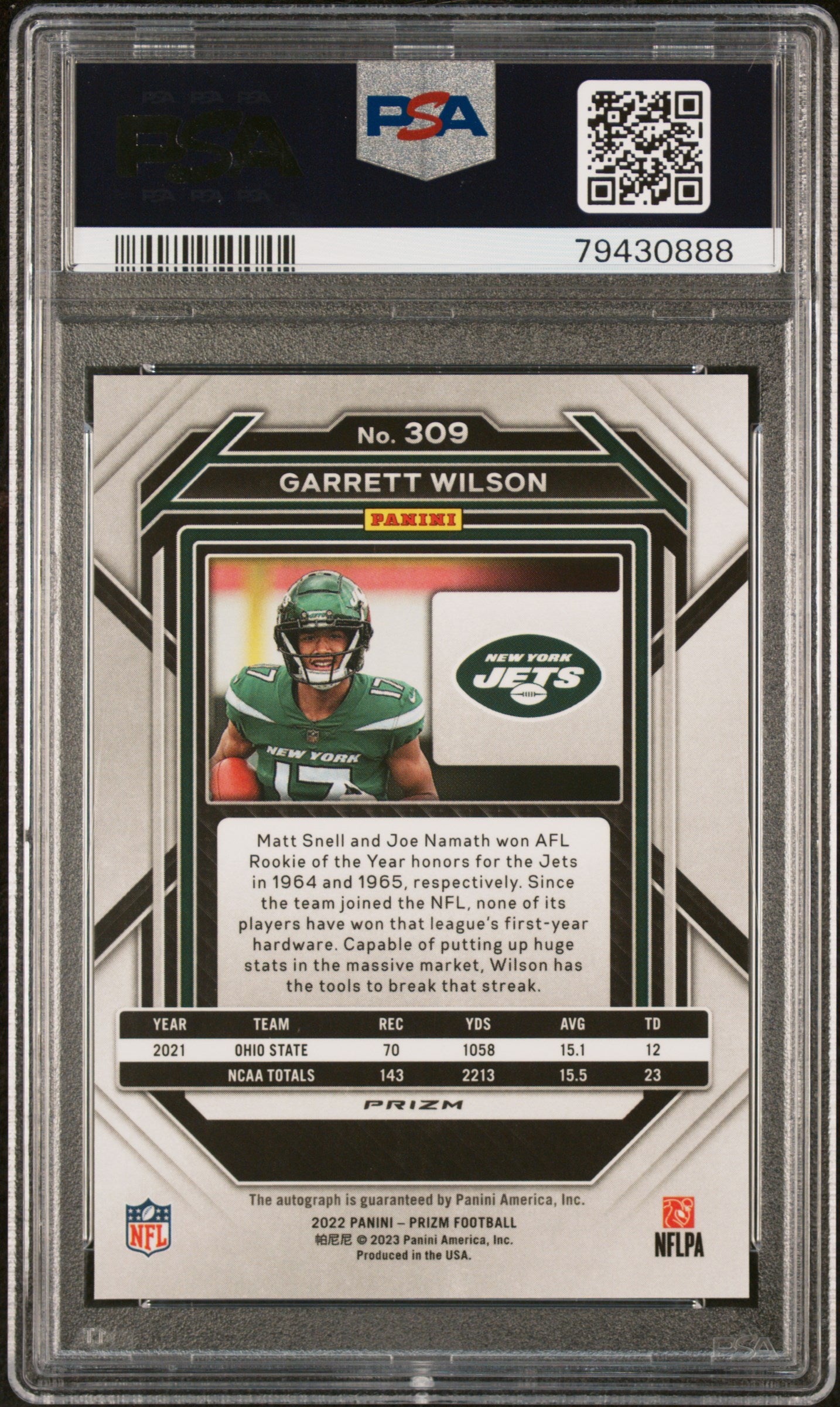 2022 Panini Prizm #309 Garrett Wilson Autograph PSA 10