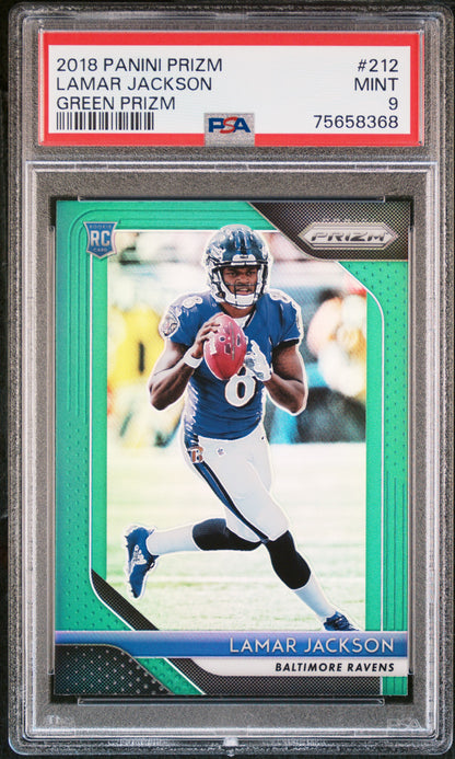 2018 Panini Prizm #212 Lamar Jackson Green Prizm PSA 9