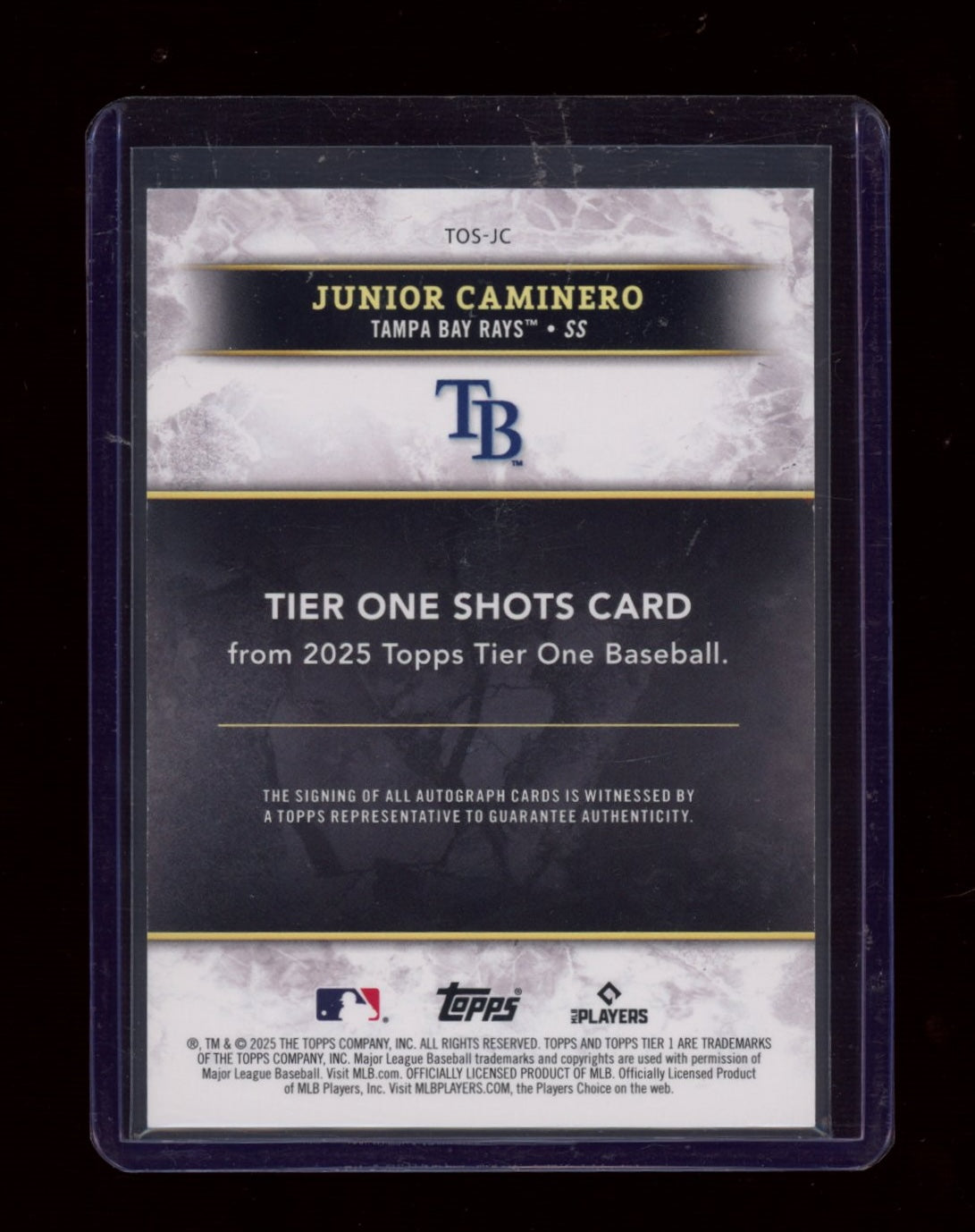 2025 Topps Tier One #TOS-JC Junior Caminero Tier One Shots Purple Auto /99