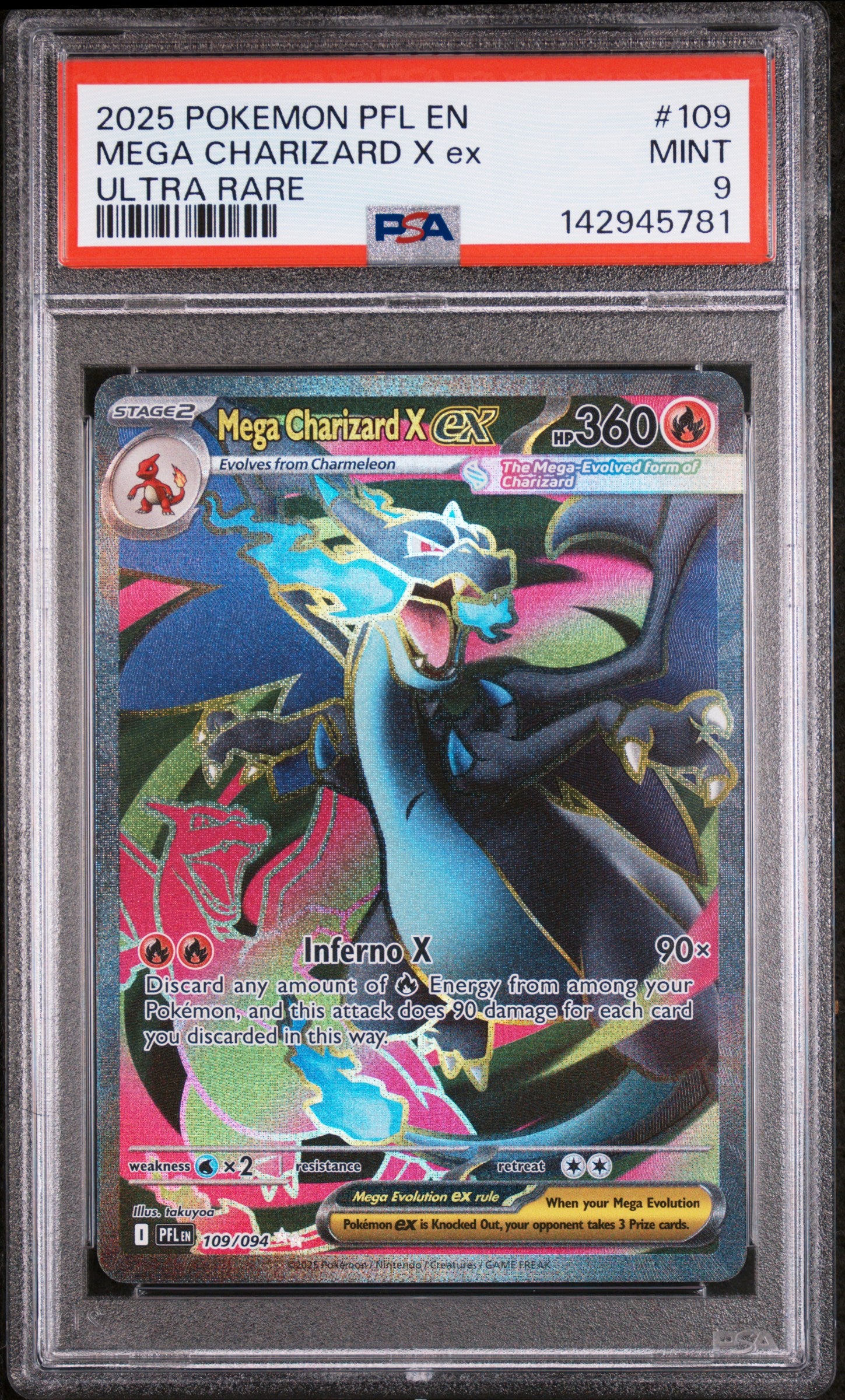 2025 Pokemon Pfl En-Phantasmal Flames #109 Mega Charizard X Ex Ultra Rare PSA 9