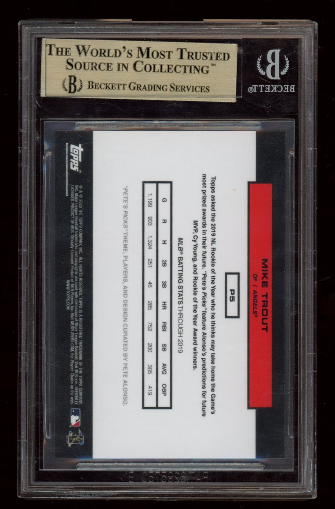2020 Topps X Pete Alonso Pete's Picks #P5 Mike Trout BGS 10.0