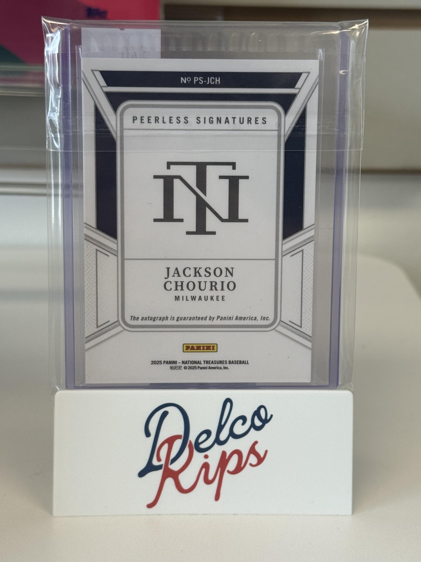 2025 National Treasures #PS-JCH Jackson Chourio Peerless Signatures Blue #/49