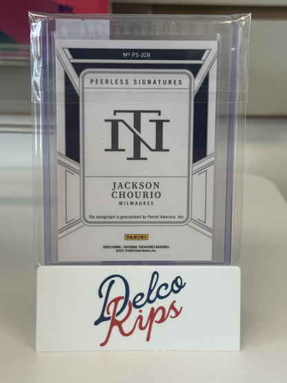 2025 National Treasures #PS-JCH Jackson Chourio Peerless Signatures Blue #/49